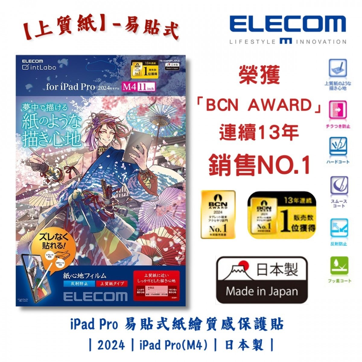 ELECOM 11-inch iPad Pro (M4) 防反光紙繪質感保護貼(上質紙-易貼式)