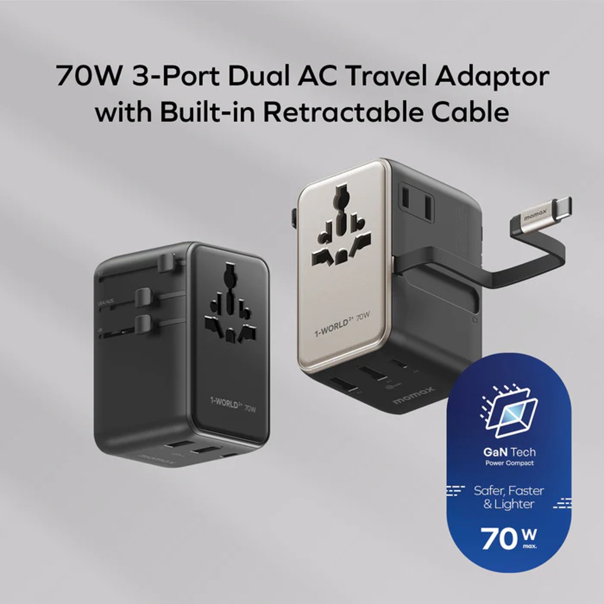 MOMAX 1-World2+ 70W 伸縮充電線三接口旅行充電插座(黑色)