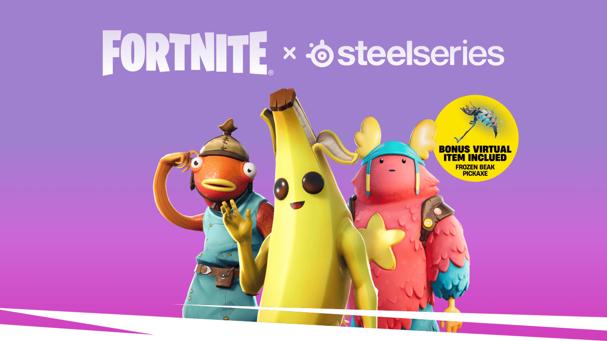 Aerox 3 Wireless Gen 2 Fortnite Edition 宣傳圖，畫面有 Peely 等《要塞英雄》角色