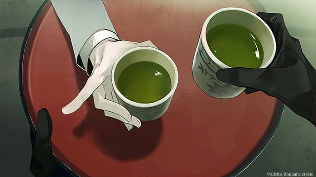 大穢 紅桌上兩杯綠茶，白手套與黑手套相對