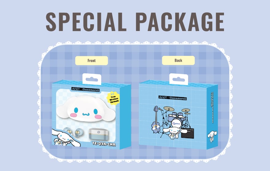 AVIOT × Cinnamoroll 包裝盒正反面，背面為樂隊插圖