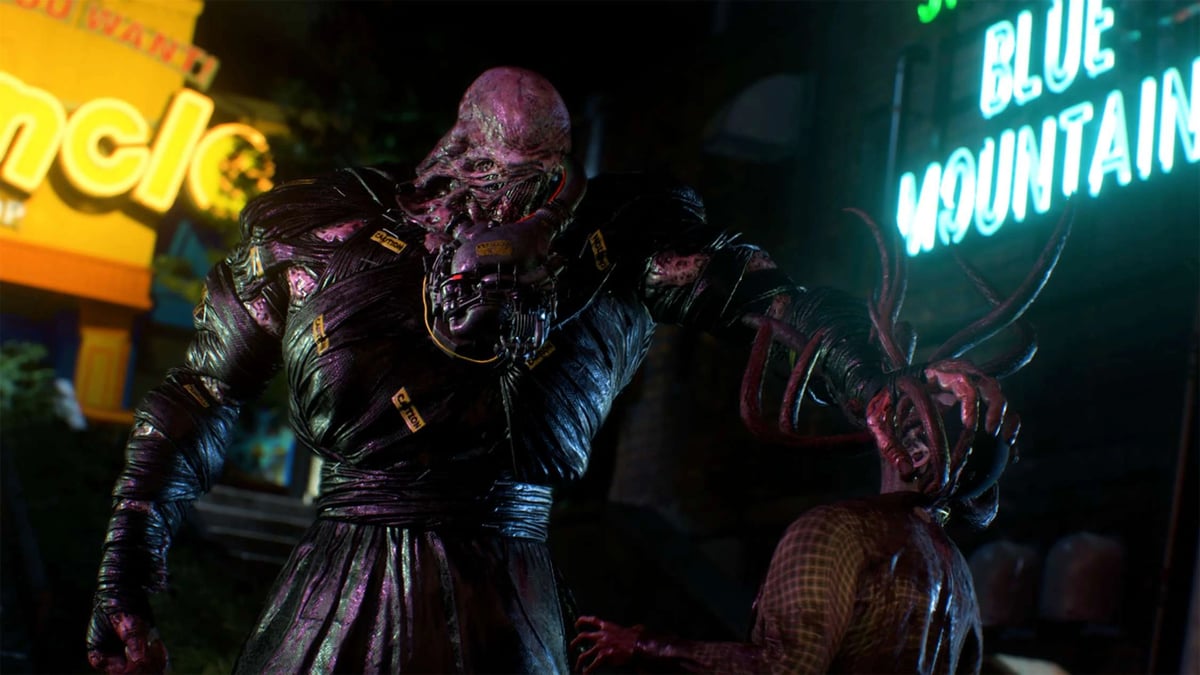 Resident Evil 3 涅墨西斯在霓虹燈前抓住喪屍
