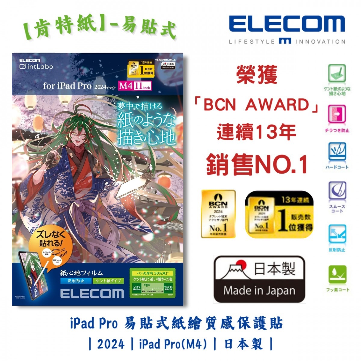 ELECOM 11-inch iPad Pro (M4) 防反光紙繪質感保護貼(肯特紙-易貼式)
