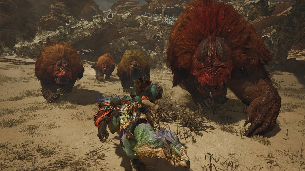 Monster Hunter Wilds 獵人騎乘生物與多隻怪物對峙