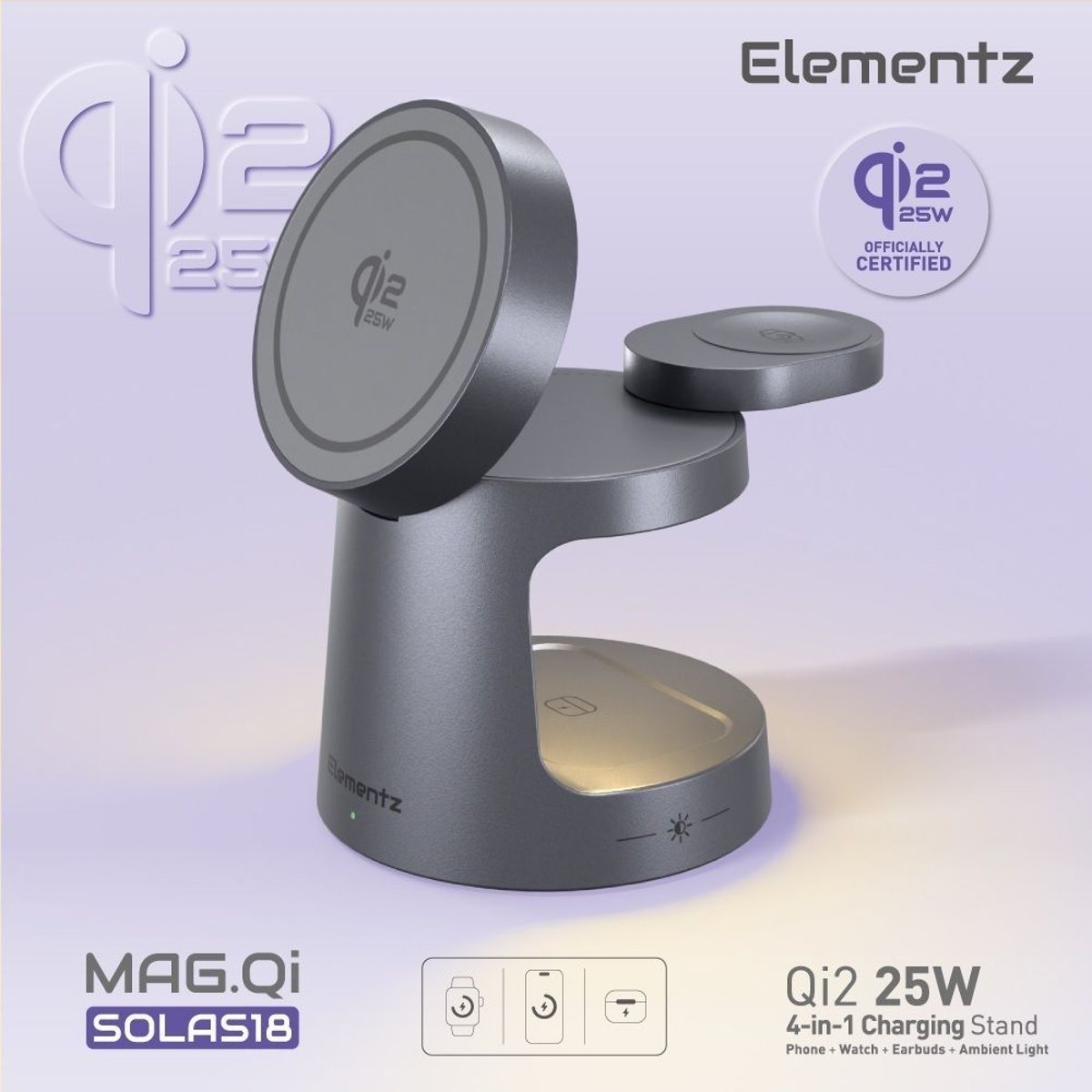 Elementz Mag Qi Sola18 3 in 1 Qi2.2 25w 無線充電座