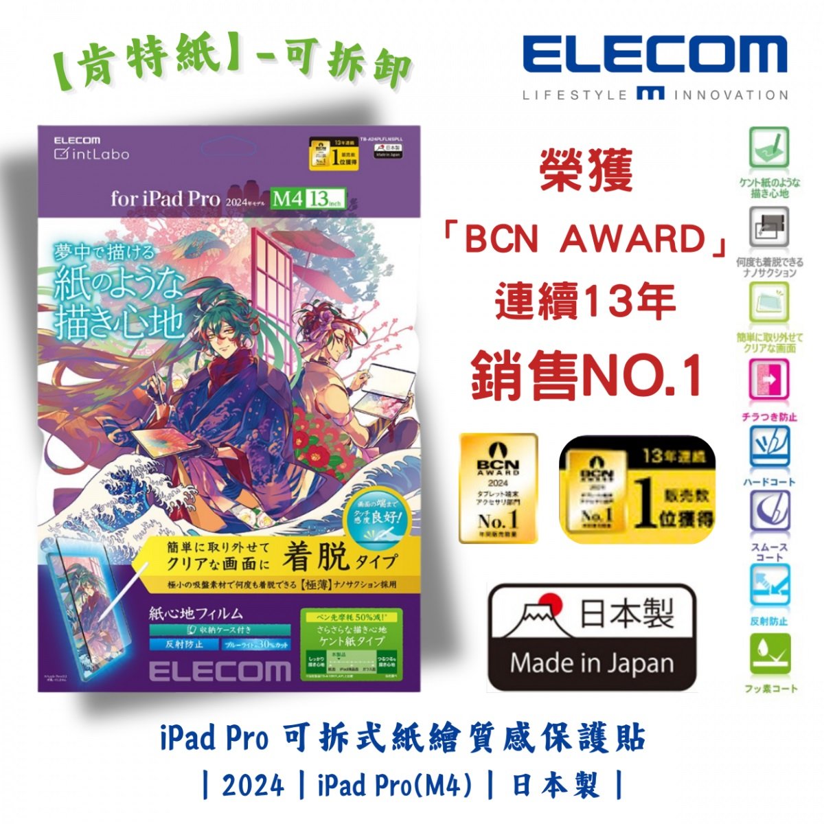 ELECOM 13-inch iPad Pro (M4) 防反光紙繪質感保護貼(肯特紙-裝脫式)