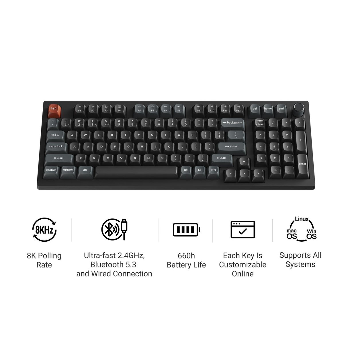 Keychron V5 Ultra 8K (V5U-D4) ZMK 96% 三模無線機械鍵盤(碳黑-Keychron Silk POM 香蕉軸)