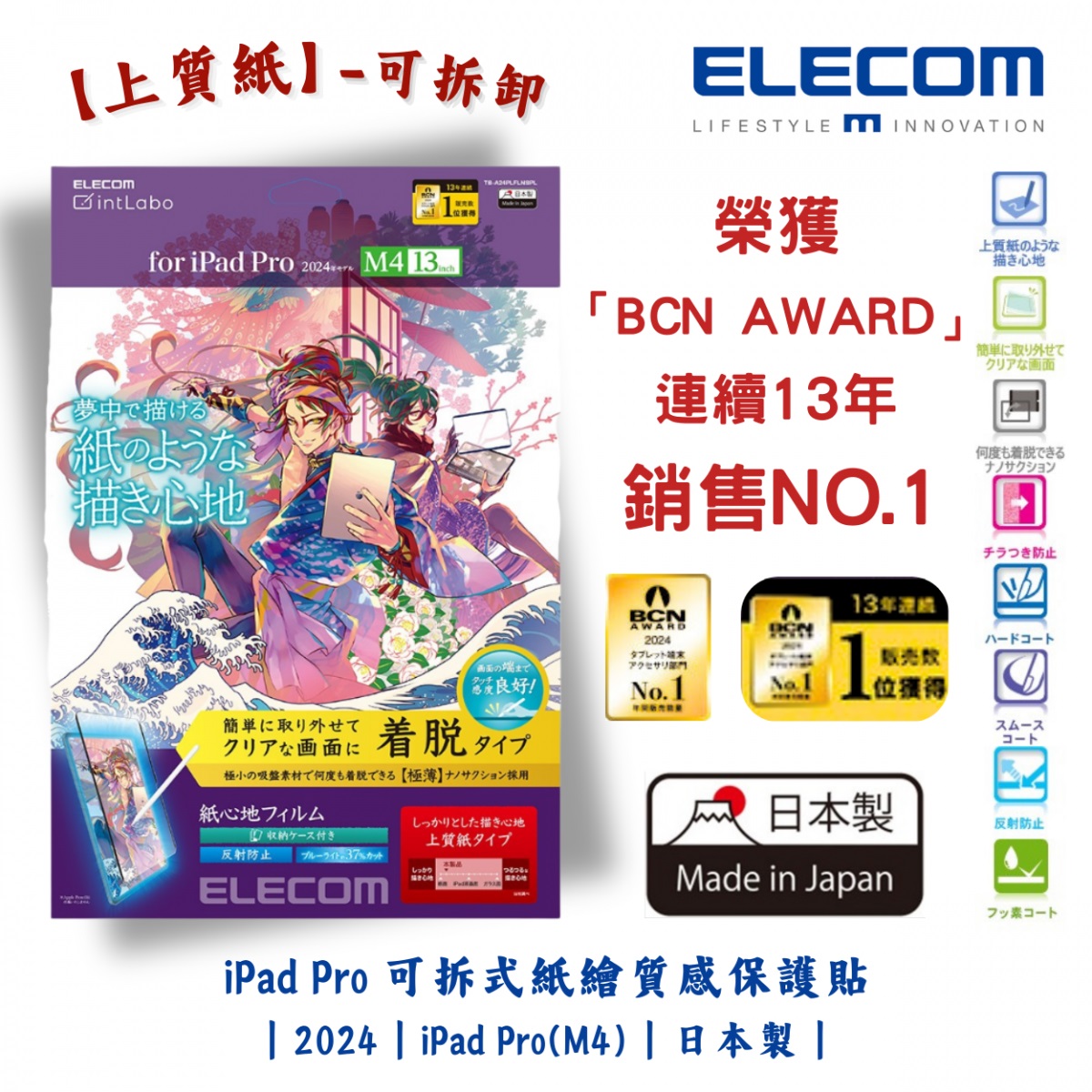 ELECOM 13-inch iPad Pro (M4) 防反光紙繪質感保護貼(上質紙-裝脫式)