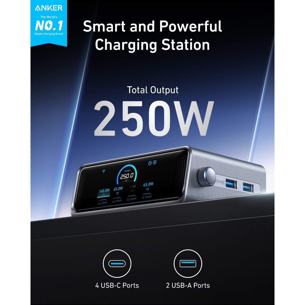 Anker Prime Charger 250W 6C2A 6埠GaN桌面充電站(A2345)(Grey)