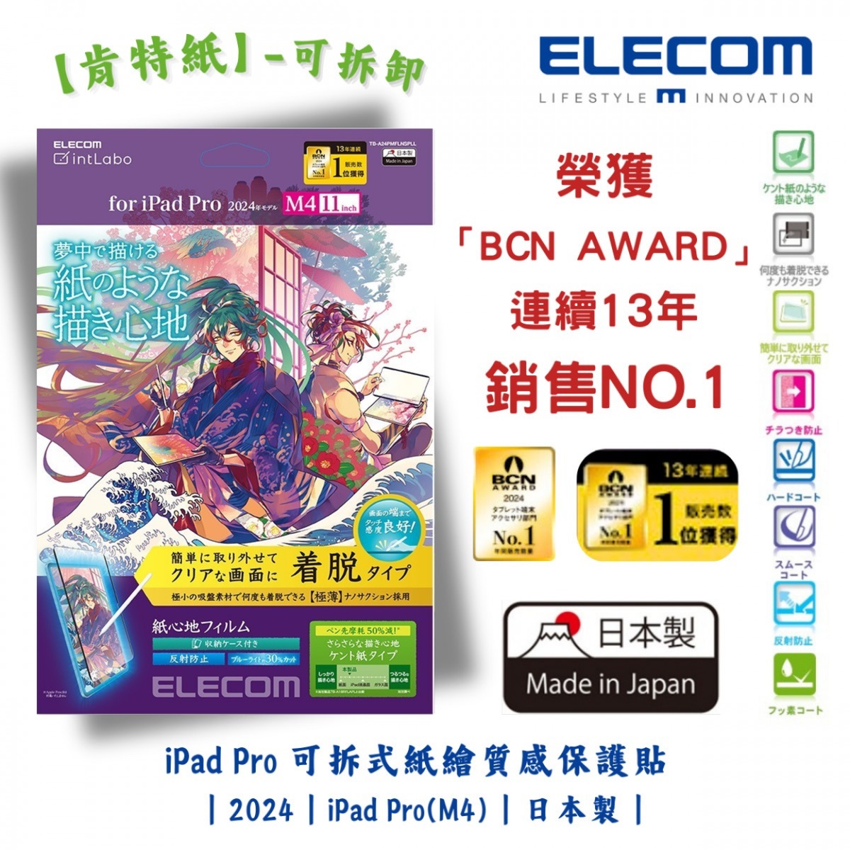 ELECOM 11-inch iPad Pro (M4) 防反光紙繪質感保護貼(肯特紙-裝脫式)