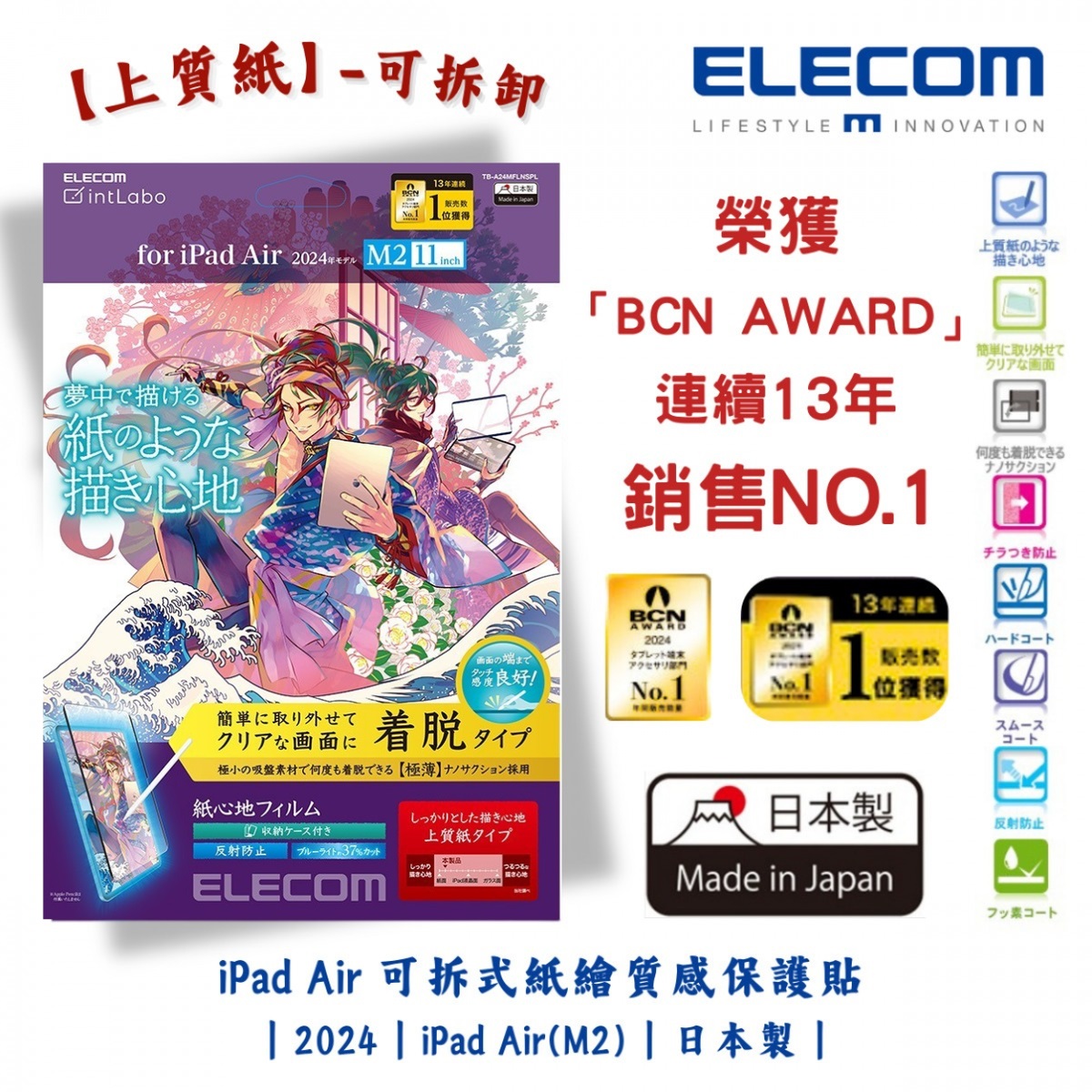 ELECOM 11-inch iPad Air (M2) 防反光紙繪質感保護貼(上質紙-裝脫式)