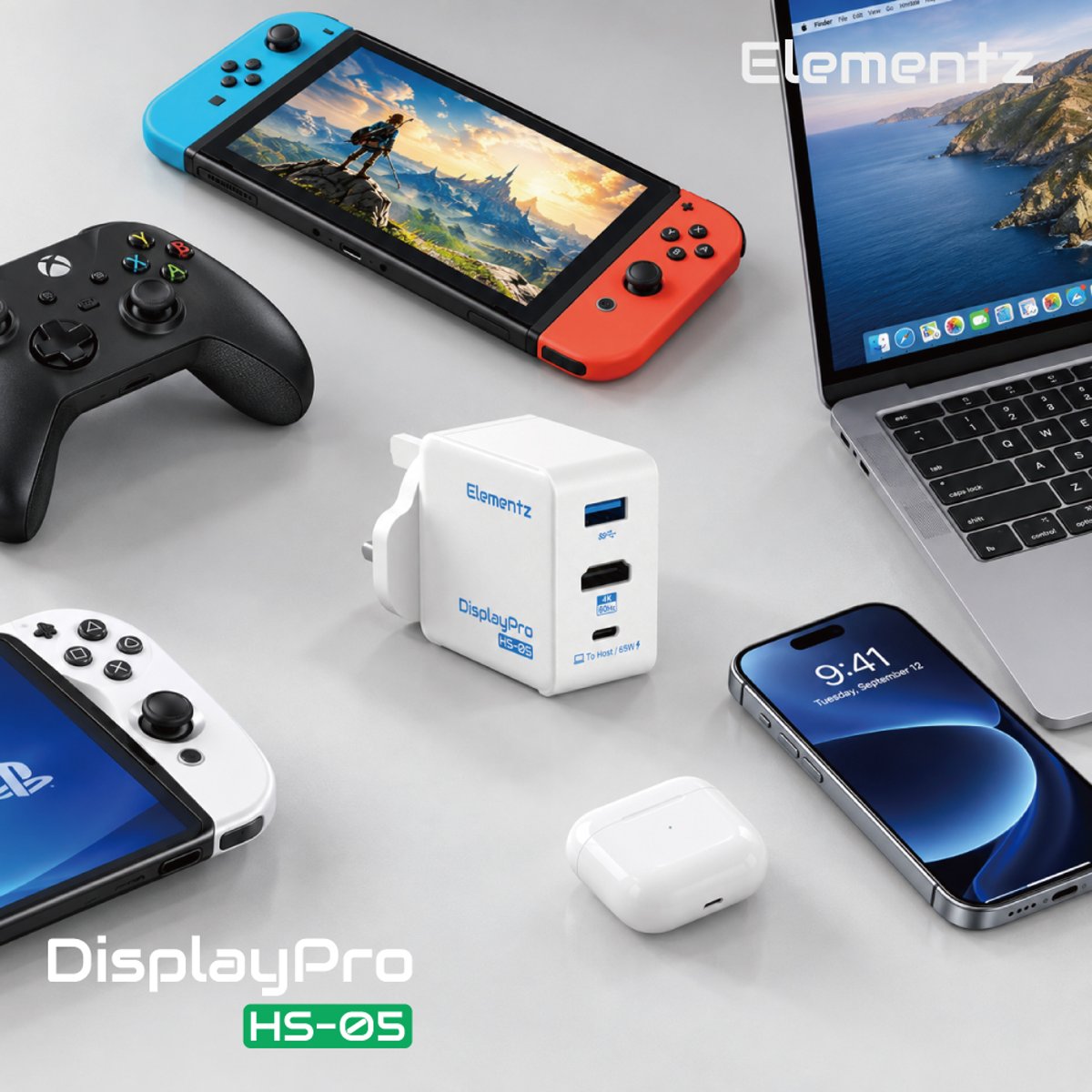 Elementz DisplayPro 4K@60Hz 3合1多功能轉接充電器(HS-05) (適用於Switch 1/2)