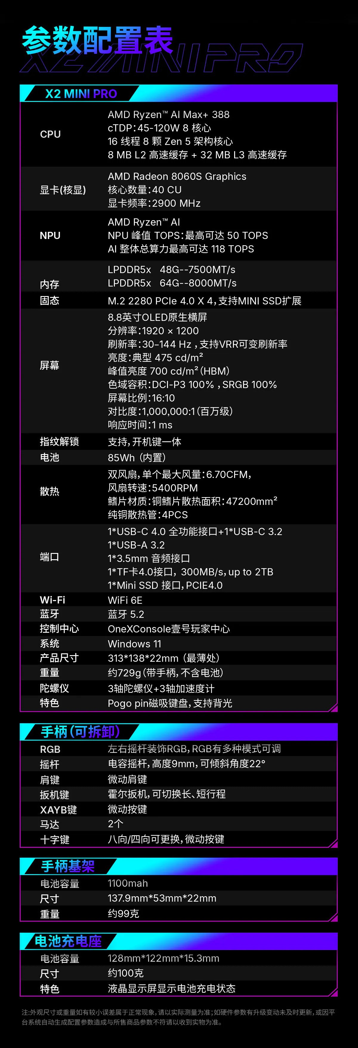 X2 MINI PRO 參數配置表，含主機、手柄與電池規格