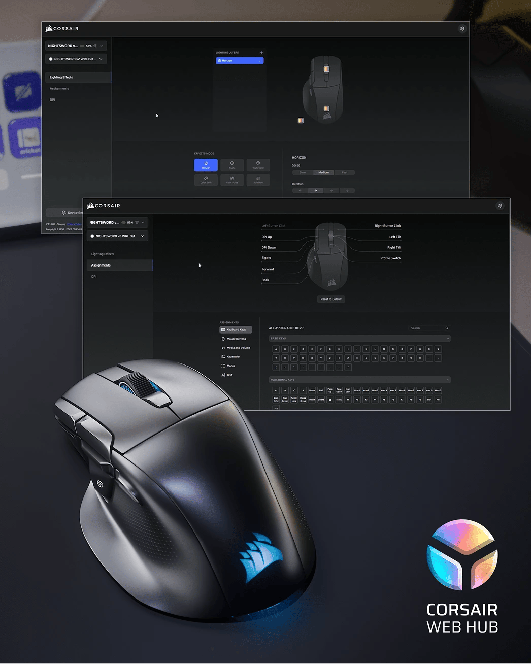 Corsair Nightsword v2 Wireless SD 與 Web Hub 燈光及按鍵設定畫面
