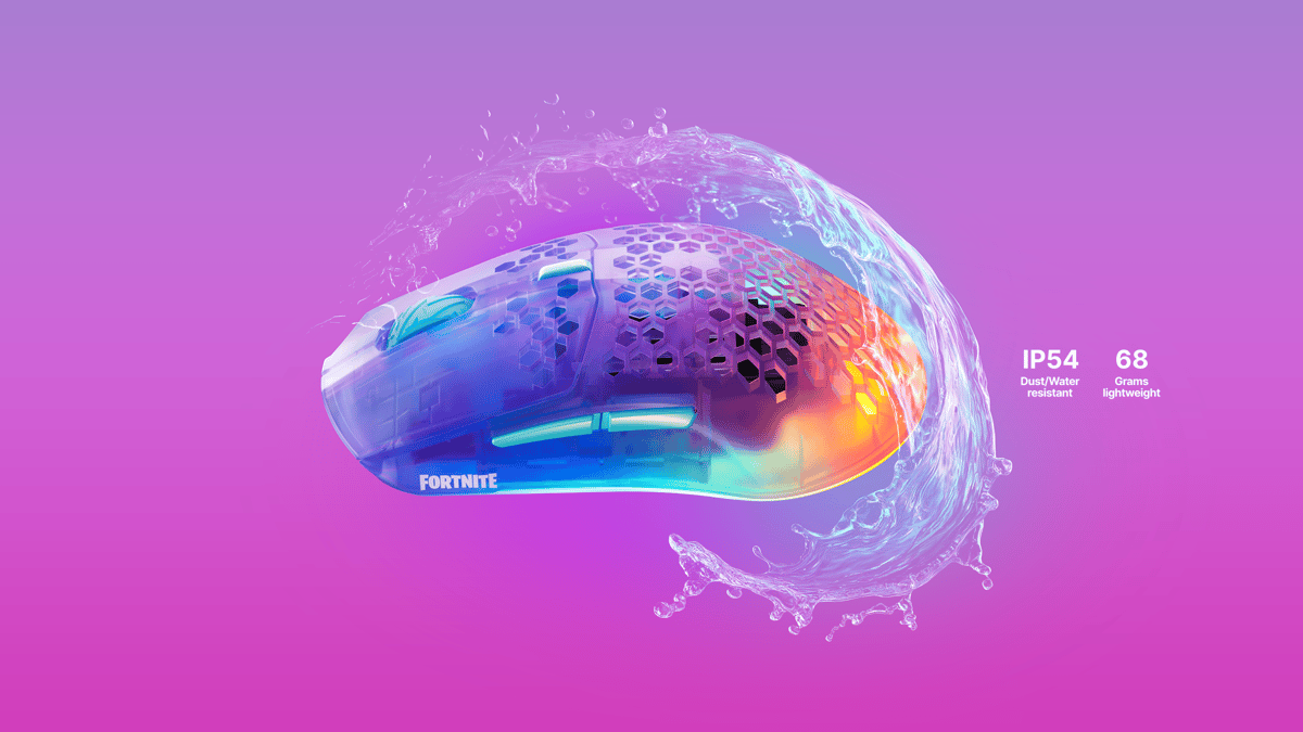 Aerox 3 Wireless Gen 2 Fortnite Edition 側面潑水畫面，標示 IP54 與 68 克