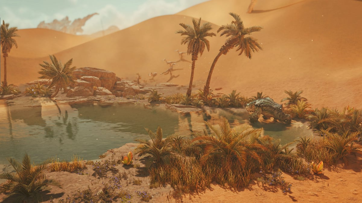 Monster Hunter Wilds 沙漠綠洲與棕櫚樹景觀