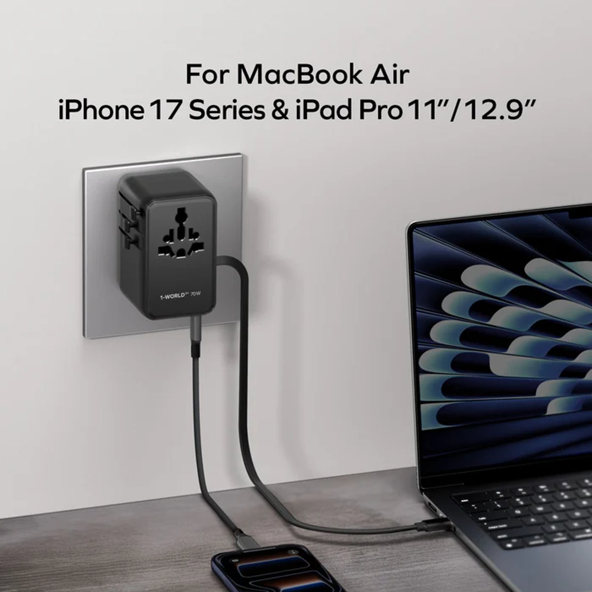 MOMAX 1-World2+ 70W 伸縮充電線三接口旅行充電插座(黑色)