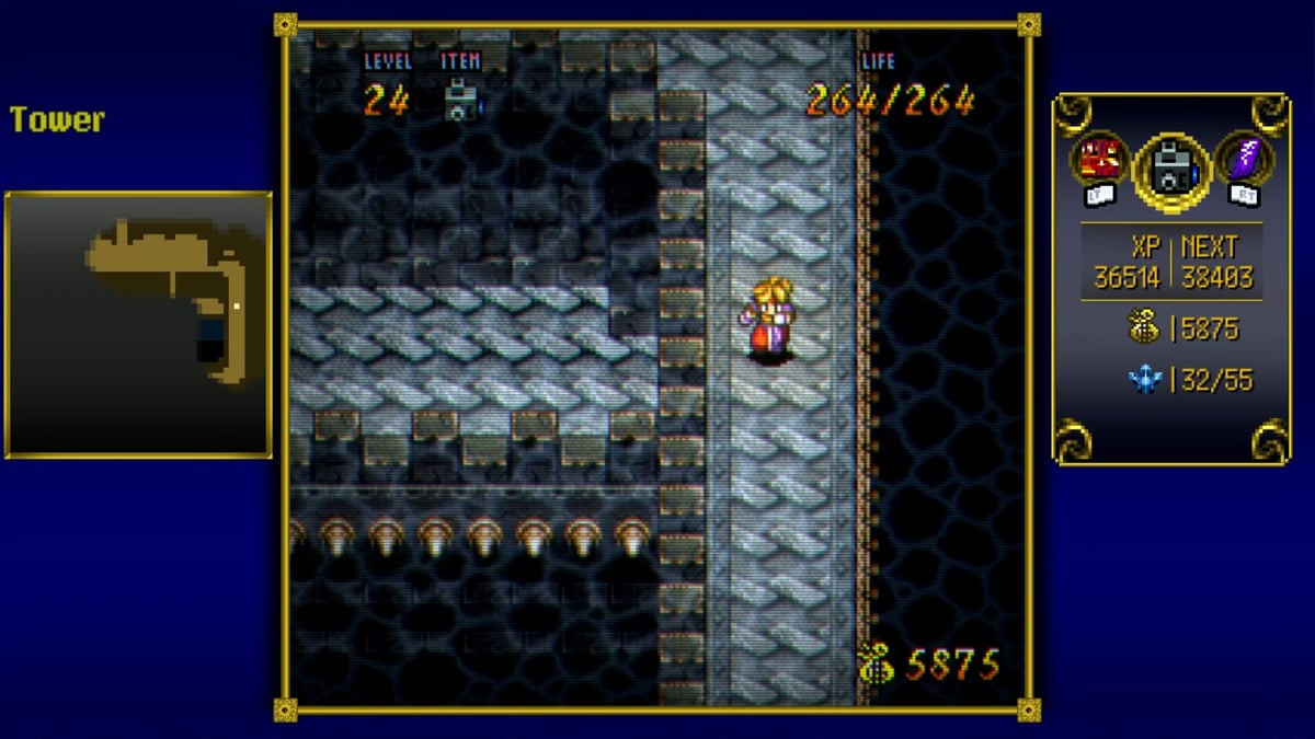 Terranigma 塔樓探索畫面與狀態介面