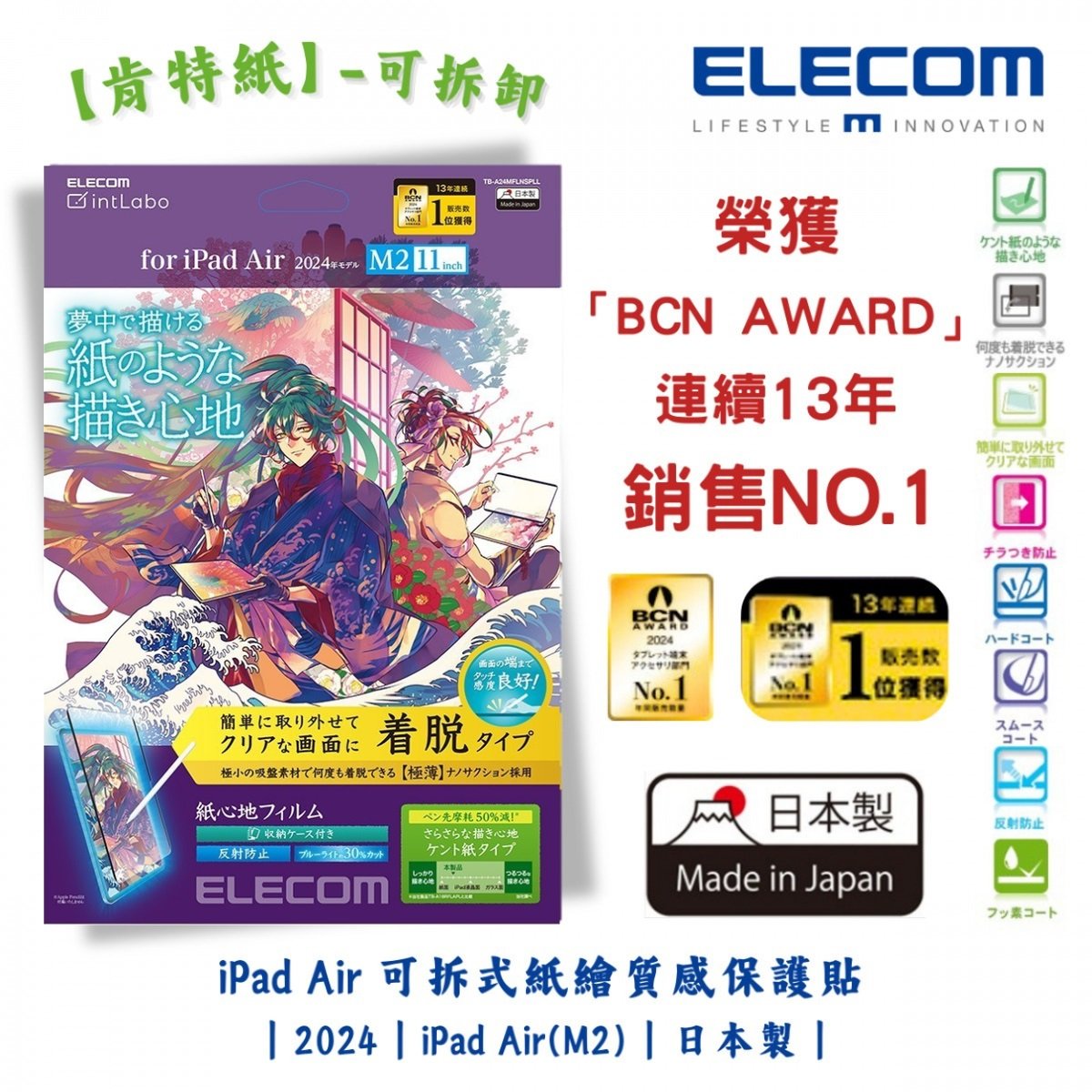 ELECOM 11-inch iPad Air (M2) 防反光紙繪質感保護貼(肯特紙-裝脫式)