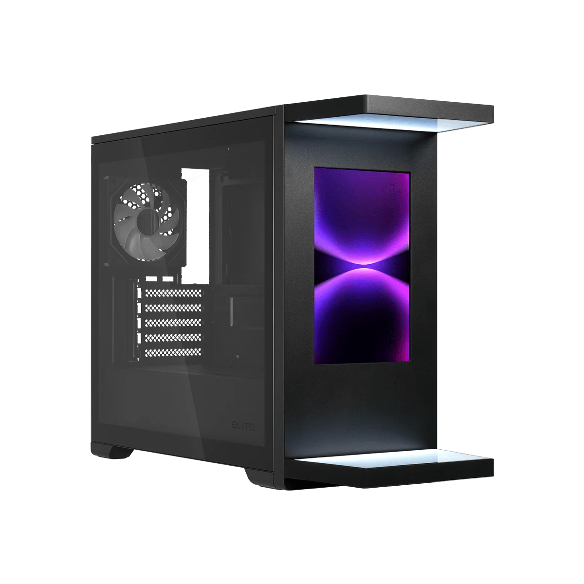 Elite 360 黑色機殼，前方展示艙與紫色畫面的 10.1 吋螢幕，側板為玻璃