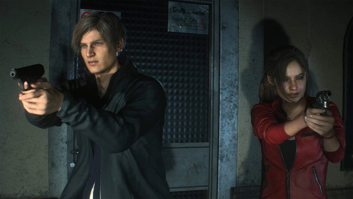Resident Evil 2 里昂與克萊兒持槍站在門前