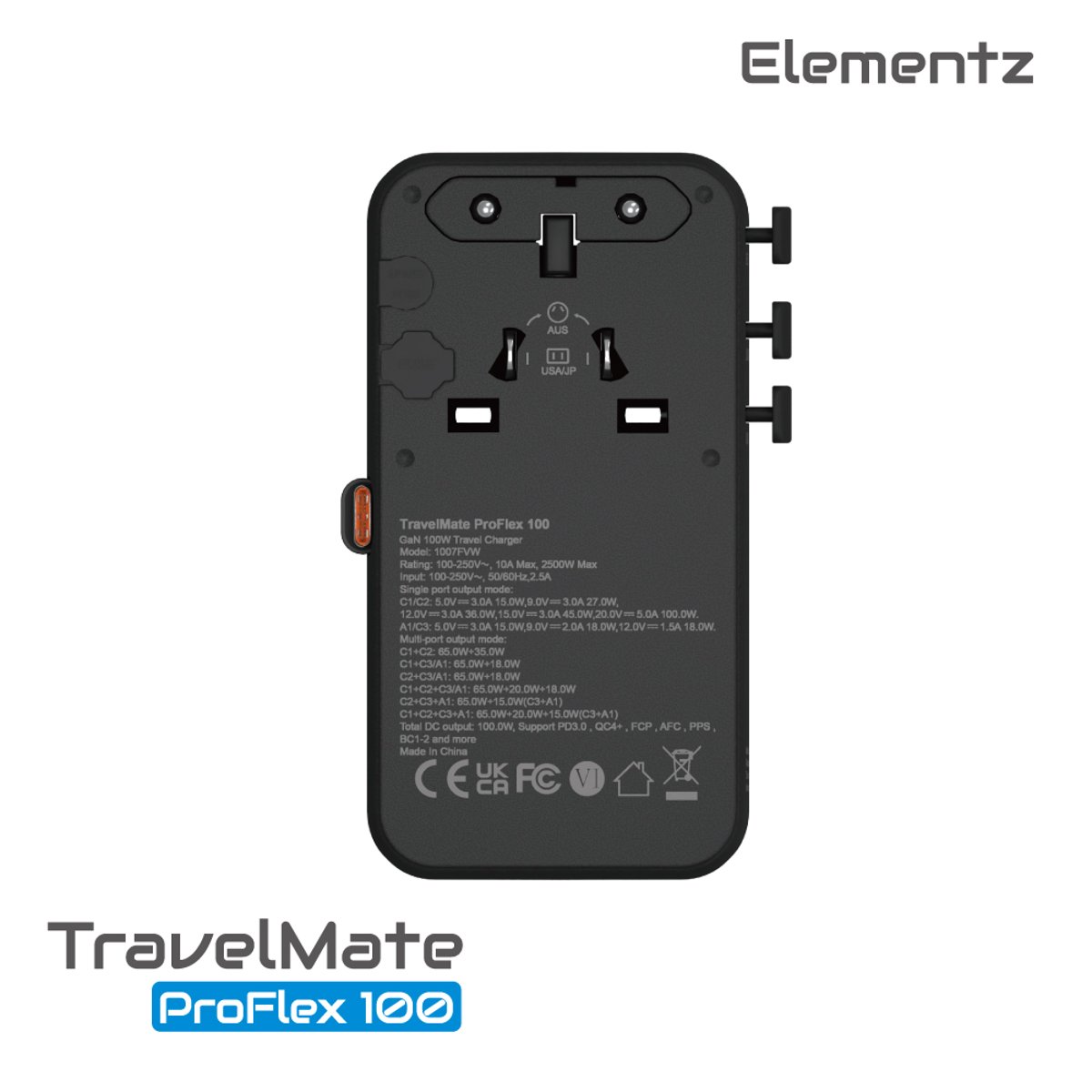 Elementz TravelMate ProFlex 100W  2C1A+1C Cable輕便旅行充電器